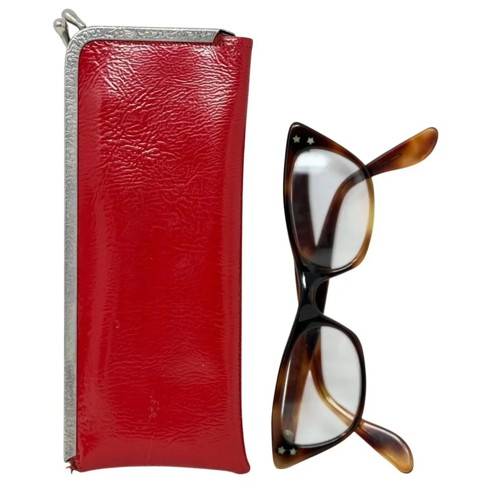 Vintage Womens Cats Eye Glasses +Case Brown Tortoiseshell Plastic Frames Bifocal
